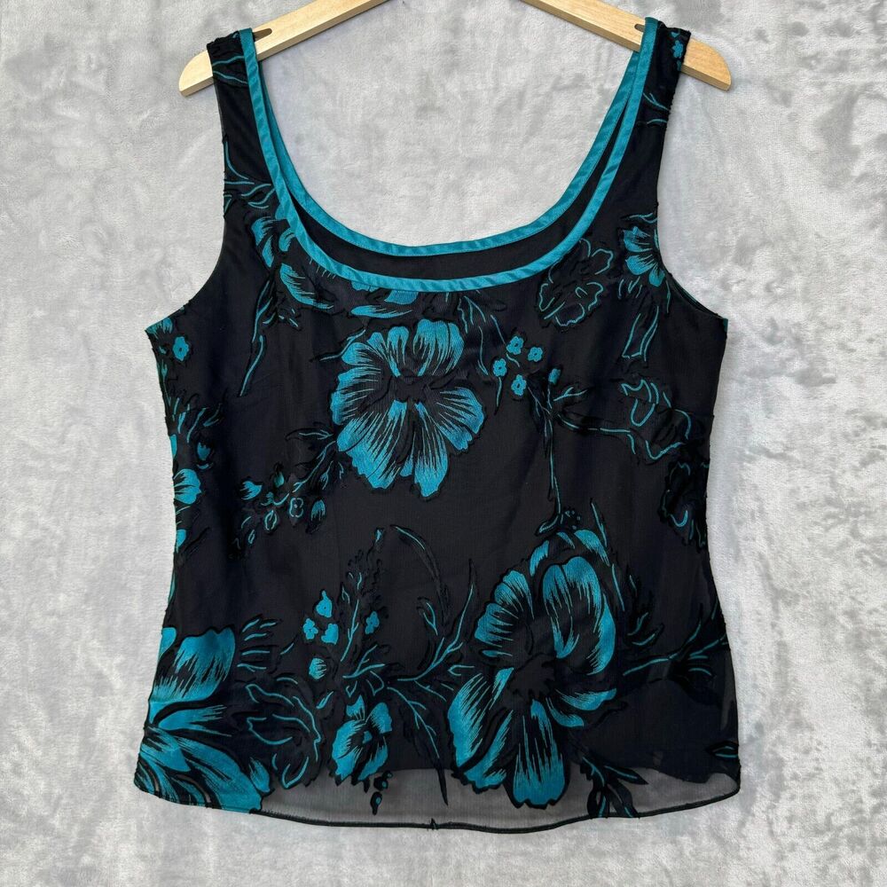 Alex Evenings Top Womens XL Black Blue Floral Tank Shell Cocktail Party Formal